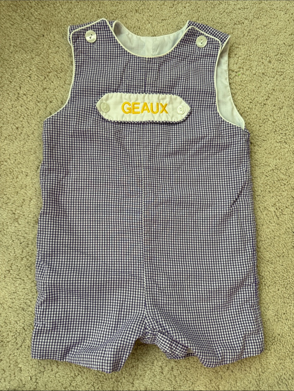 Petit Bebe Purple Gingham Jon Jon with 'GEAUX' tab